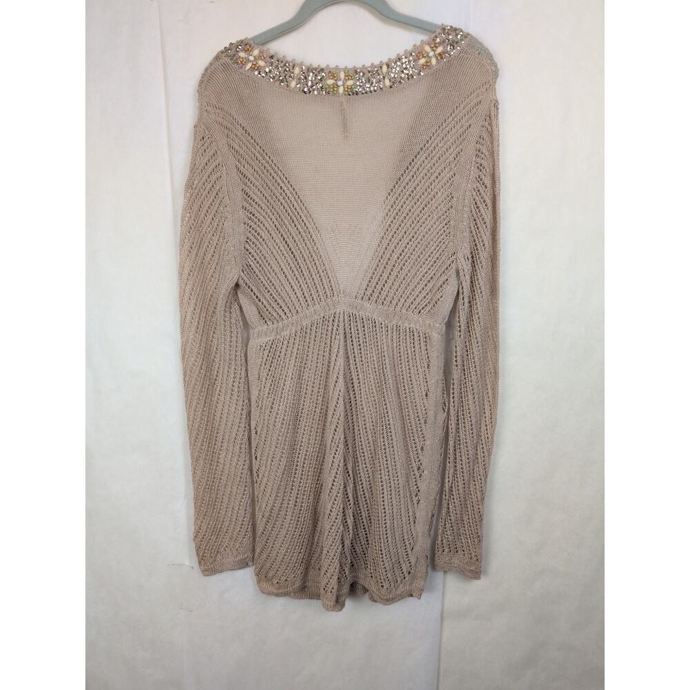 Victorias Secret tan beaded flax/linen open knit cover up sweater Lrg Coastal - Picture 4 of 10